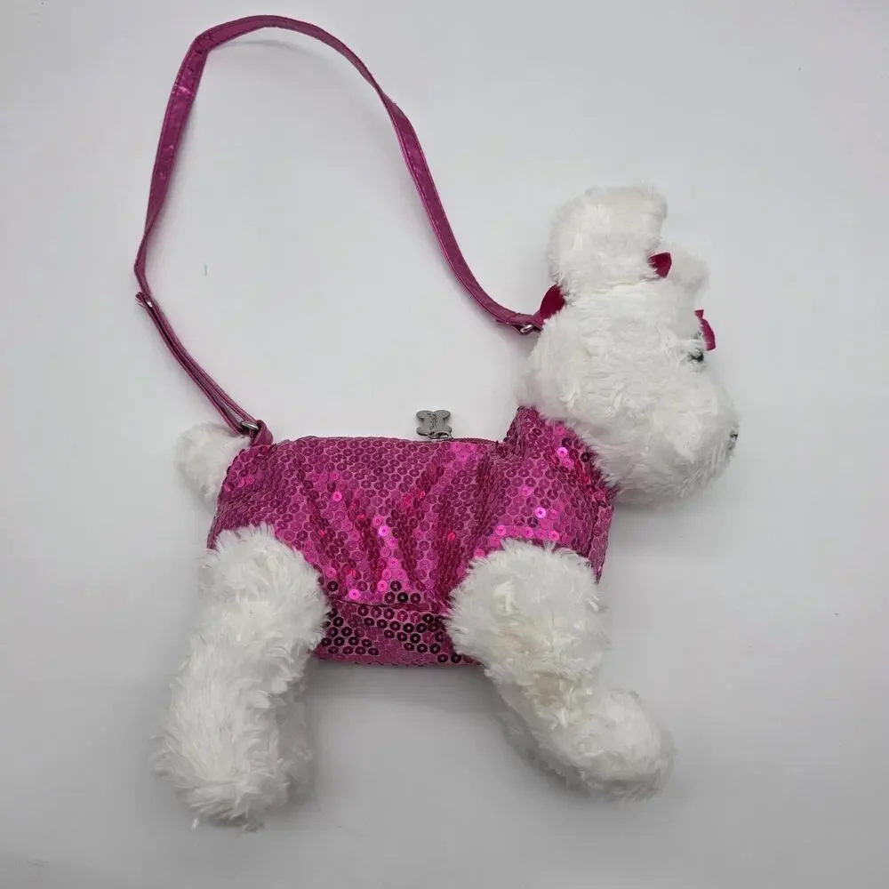 Poochie & Co White Poodle Plush Purse Hot Pink Sequin Girls Shoulder Bag